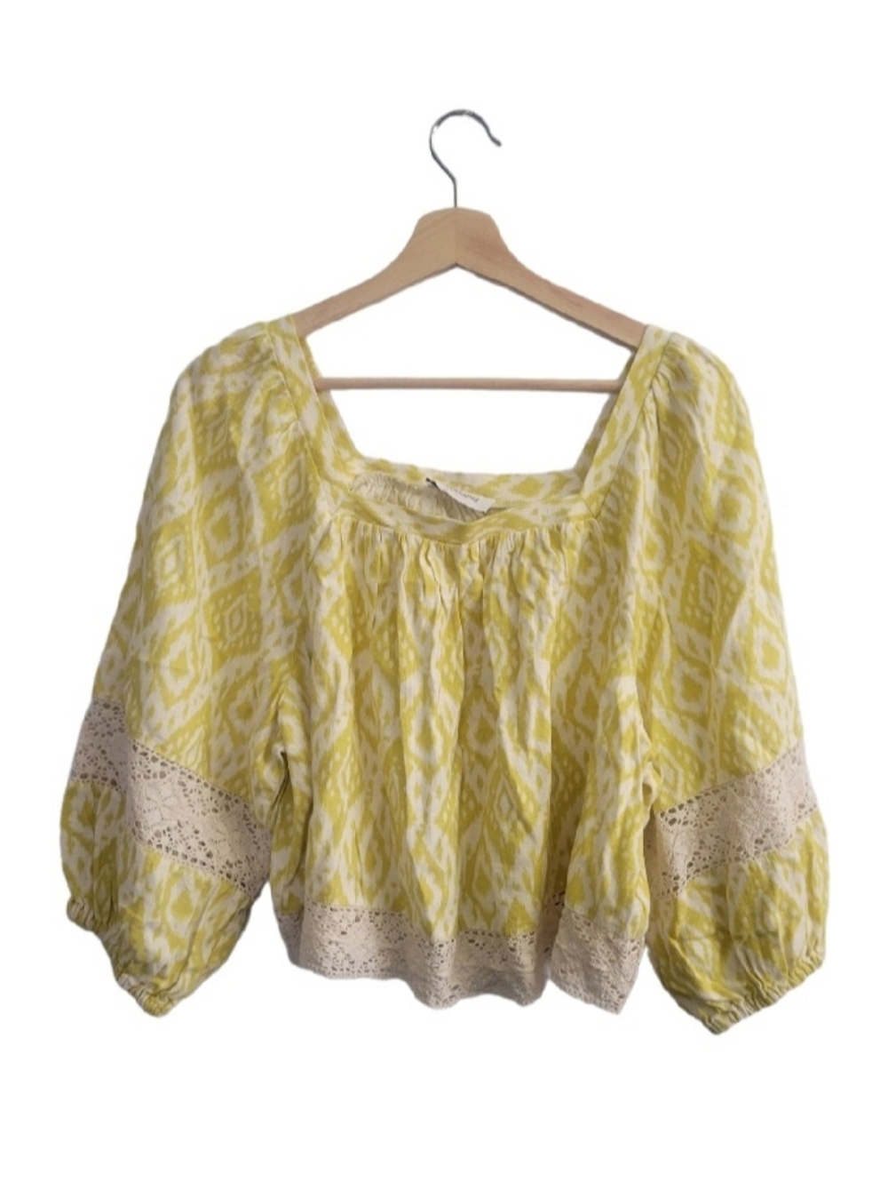 CALLIGRAPHIE Ikat Crochet-Trim Size S/M Yellow Peasant Blouse Linen Blend Boho